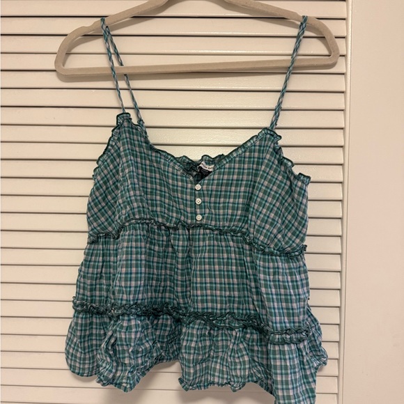American Eagle Outfitters Tops - American Eagle Outfitters Teal Plaid Tiered Spaghetti-Strap Tank